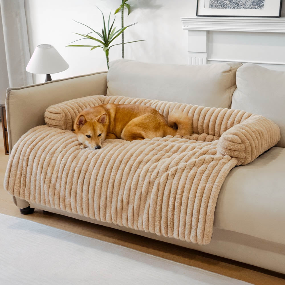 Luxury Fluffy Dog Couch Bed – Plush Sofa Mat with Supportive Bolster, Washable Pet Bed Cover