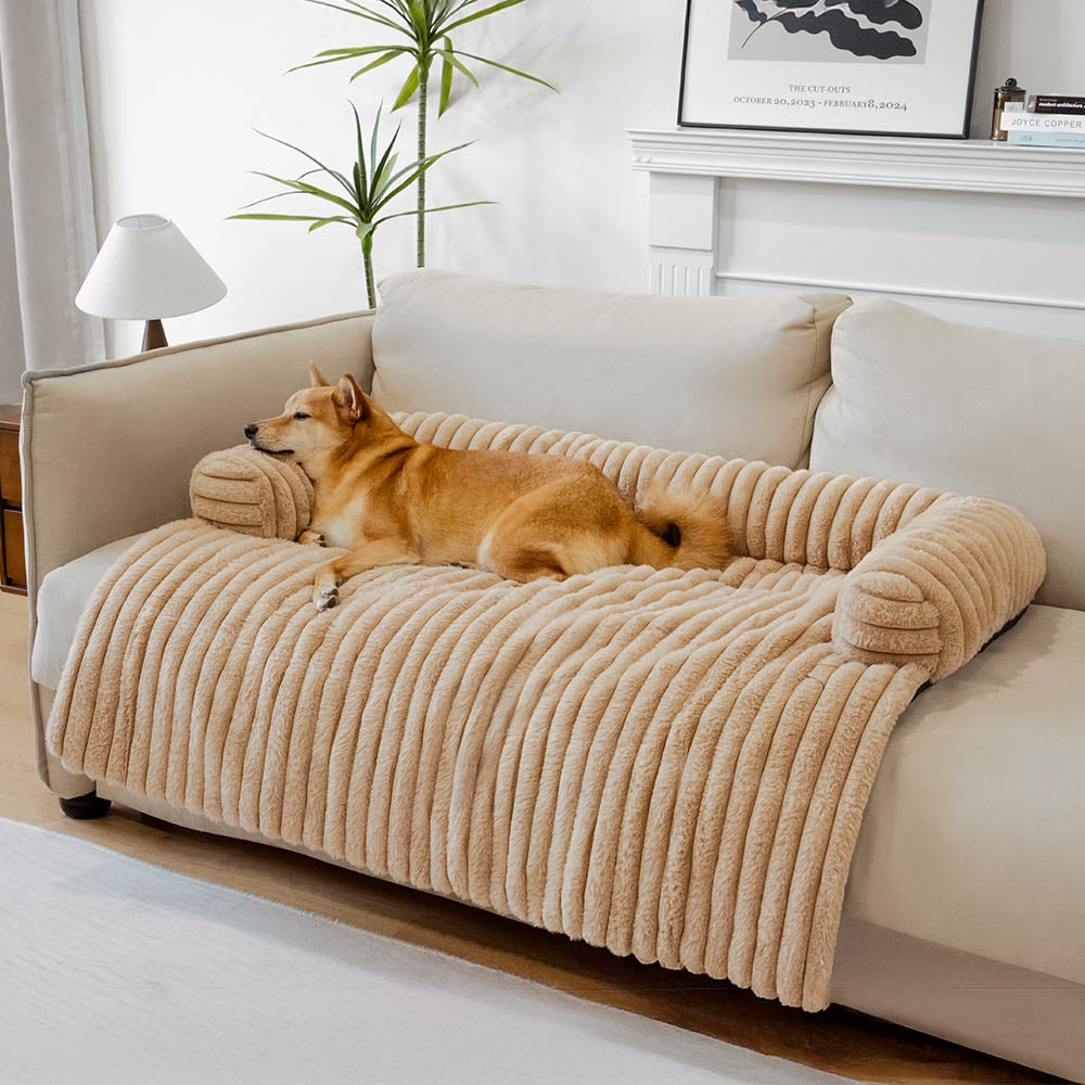 Luxury Fluffy Dog Couch Bed – Plush Sofa Mat with Supportive Bolster, Washable Pet Bed Cover