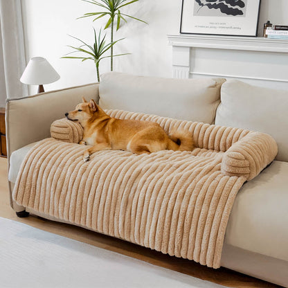 Luxury Fluffy Dog Couch Bed – Plush Sofa Mat with Supportive Bolster, Washable Pet Bed Cover