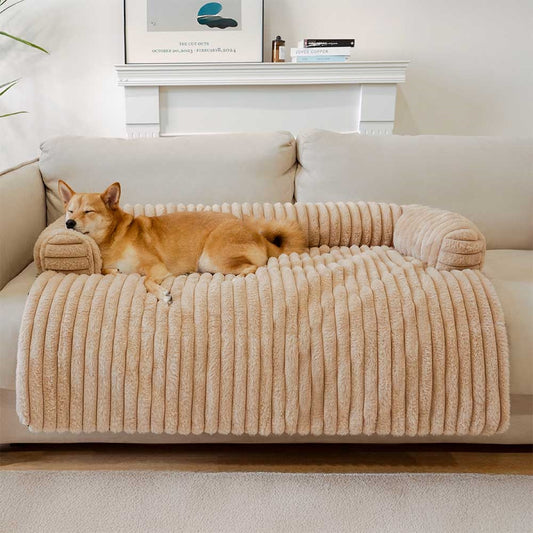 Luxury Fluffy Dog Couch Bed – Plush Sofa Mat with Supportive Bolster, Washable Pet Bed Cover